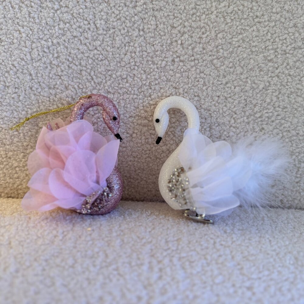 Set of 2 Glittered Swan Ornaments